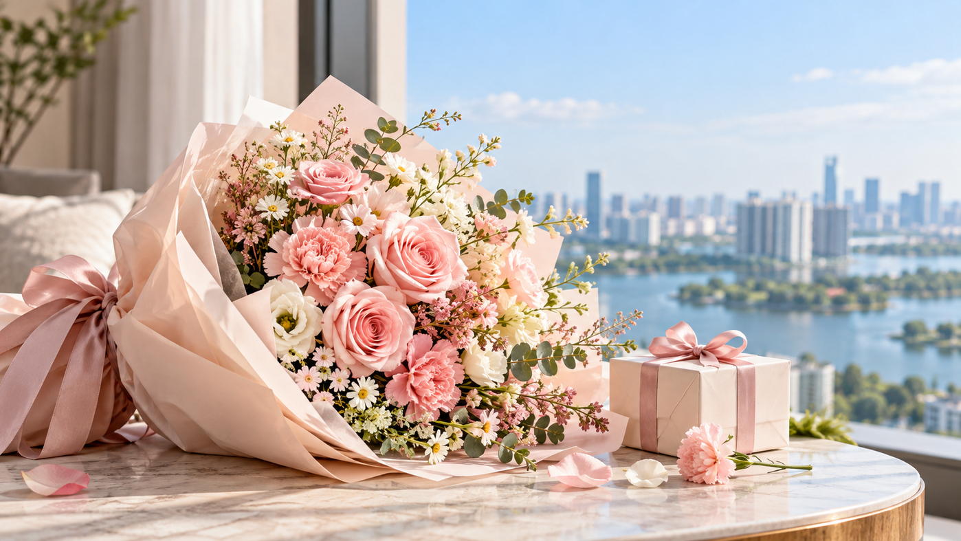 Romantic Pink Bouquet by the Window.png